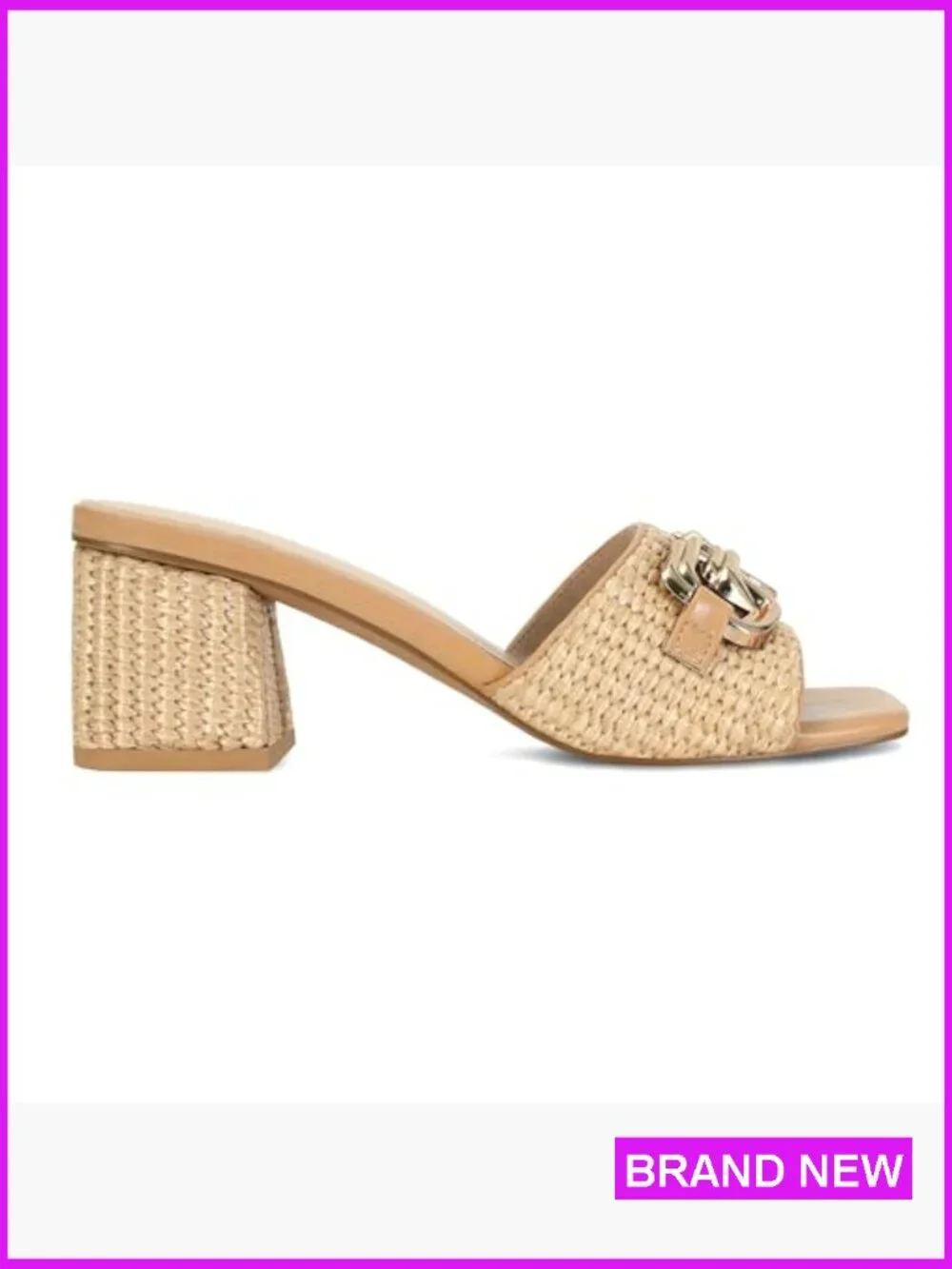 Raffia Square Toe Mules Chunky Block Heels Woven Summer Dressy Strappy Slide